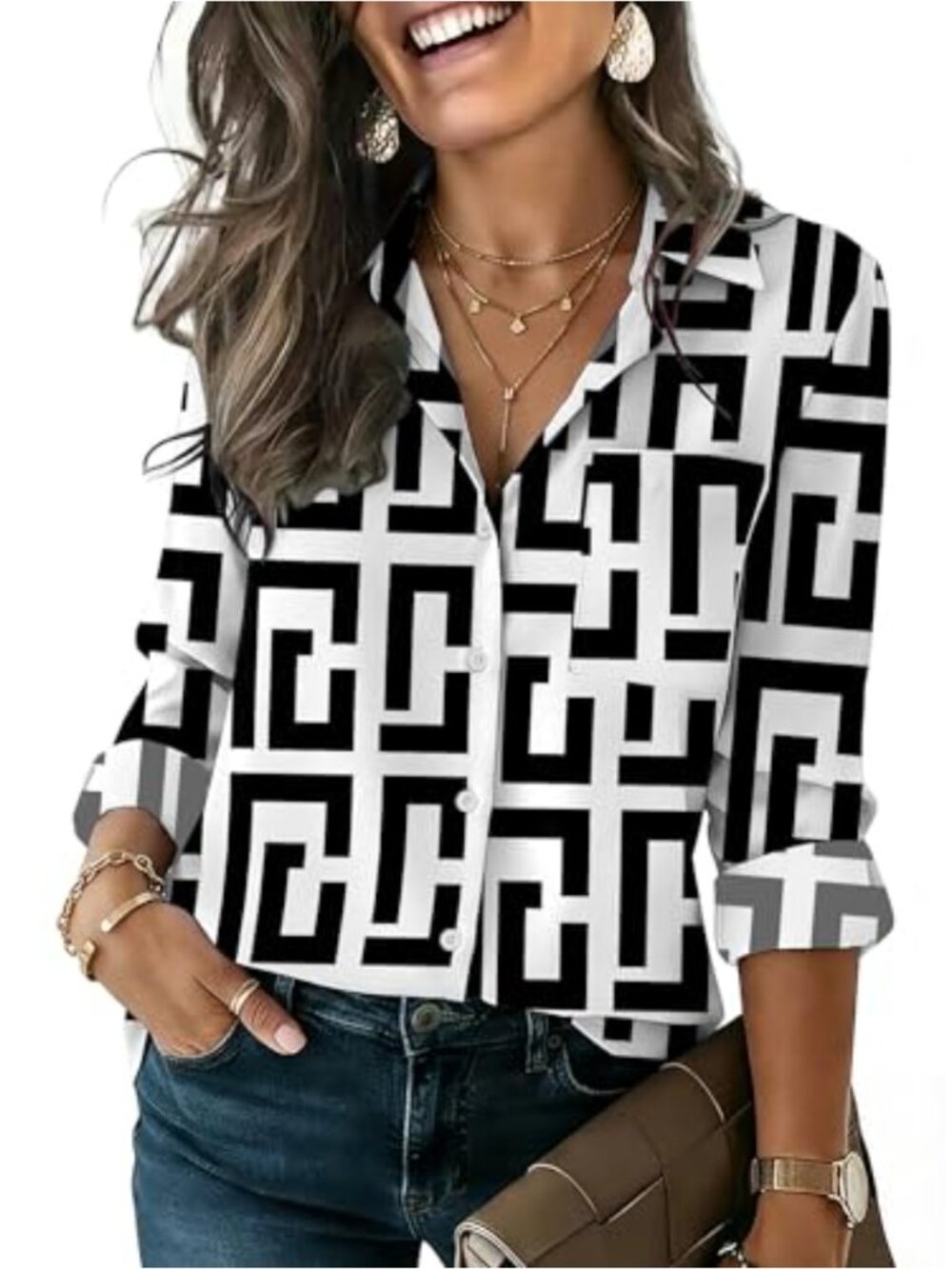 Women Long Sleeve Button Down Shirt Classic Fit V-Neck Chest Pocket Blouse